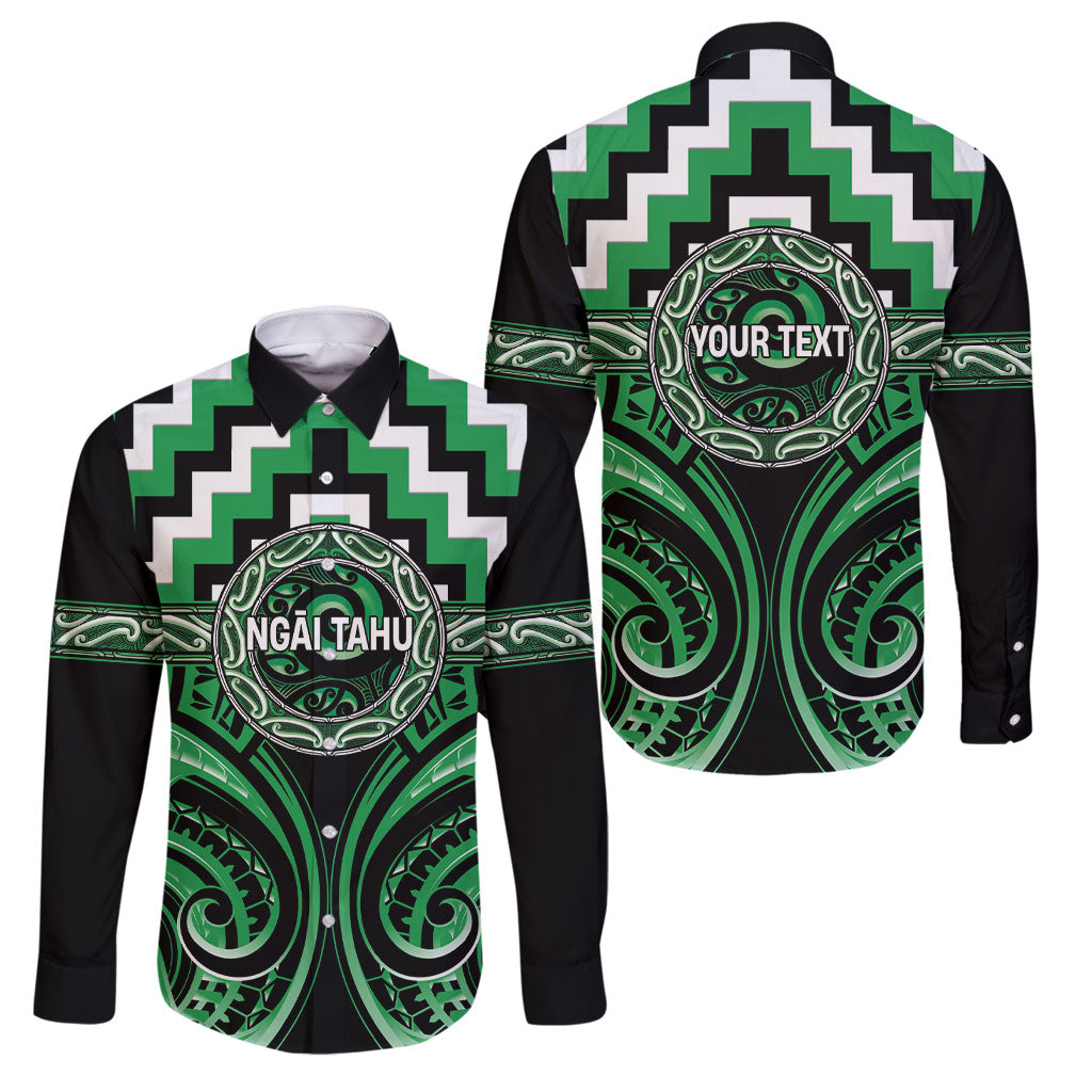 Aotearoa Ngai Tahu Personalised Family Matching Short Sleeve Bodycon Dress and Hawaiian Shirt Maori Iwi Poutama Puhoro Tattoo LT14 Dad's Shirt - Long Sleeve Green - Polynesian Pride