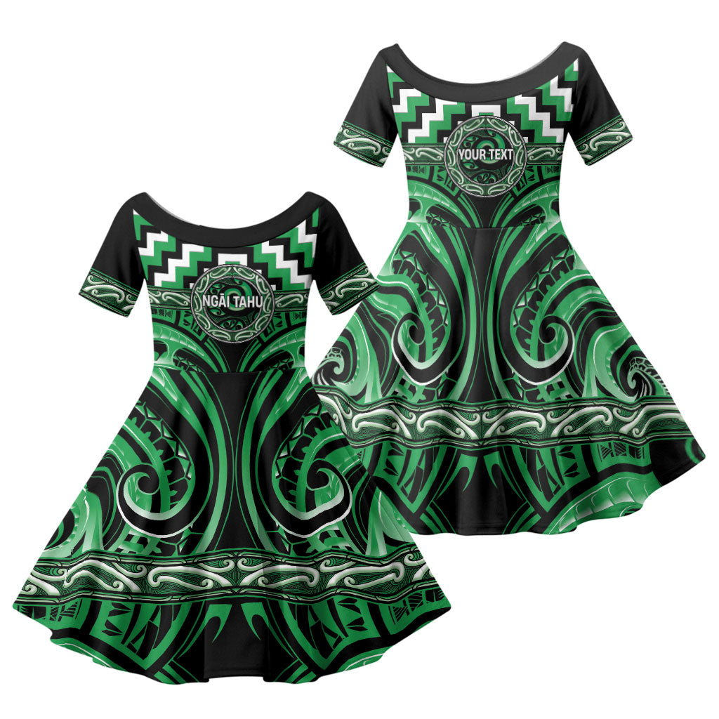 Aotearoa Ngai Tahu Personalised Family Matching Tank Maxi Dress and Hawaiian Shirt Maori Iwi Poutama Puhoro Tattoo LT14 Daughter's Dress Green - Polynesian Pride