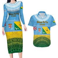 Personalised Malampa Fiji Day Couples Matching Long Sleeve Bodycon Dress and Hawaiian Shirt 10 October Fijian Tapa Flag Style LT14 Blue - Polynesian Pride