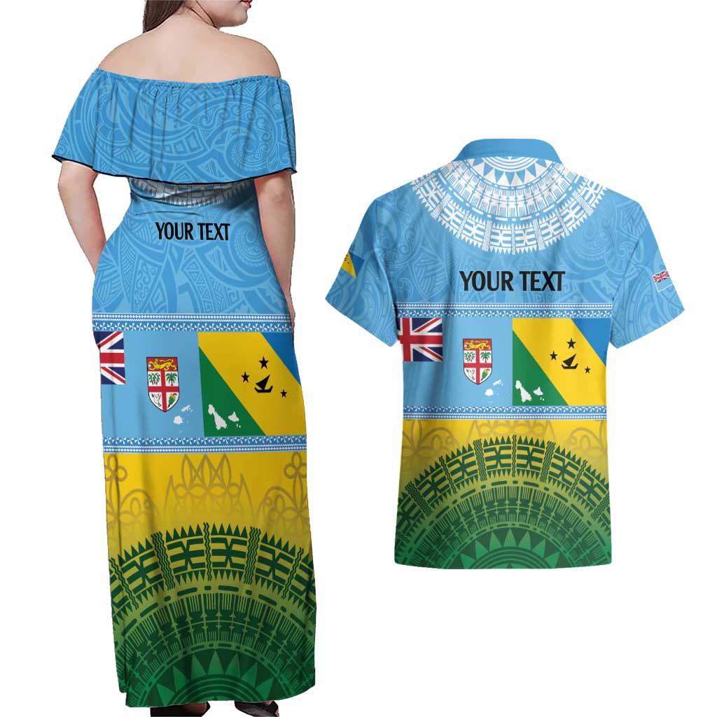 Personalised Malampa Fiji Day Couples Matching Off Shoulder Maxi Dress and Hawaiian Shirt 10 October Fijian Tapa Flag Style LT14 - Polynesian Pride