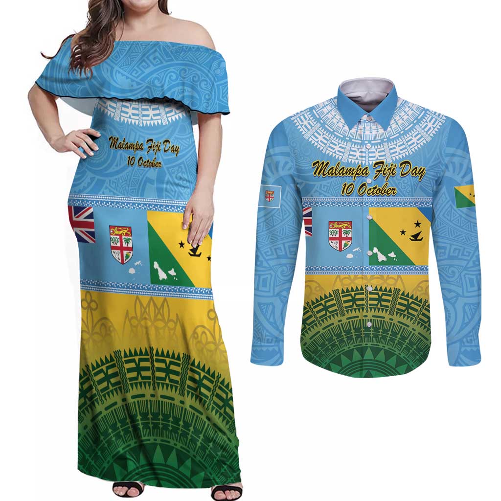 Personalised Malampa Fiji Day Couples Matching Off Shoulder Maxi Dress and Long Sleeve Button Shirt 10 October Fijian Tapa Flag Style LT14 Blue - Polynesian Pride
