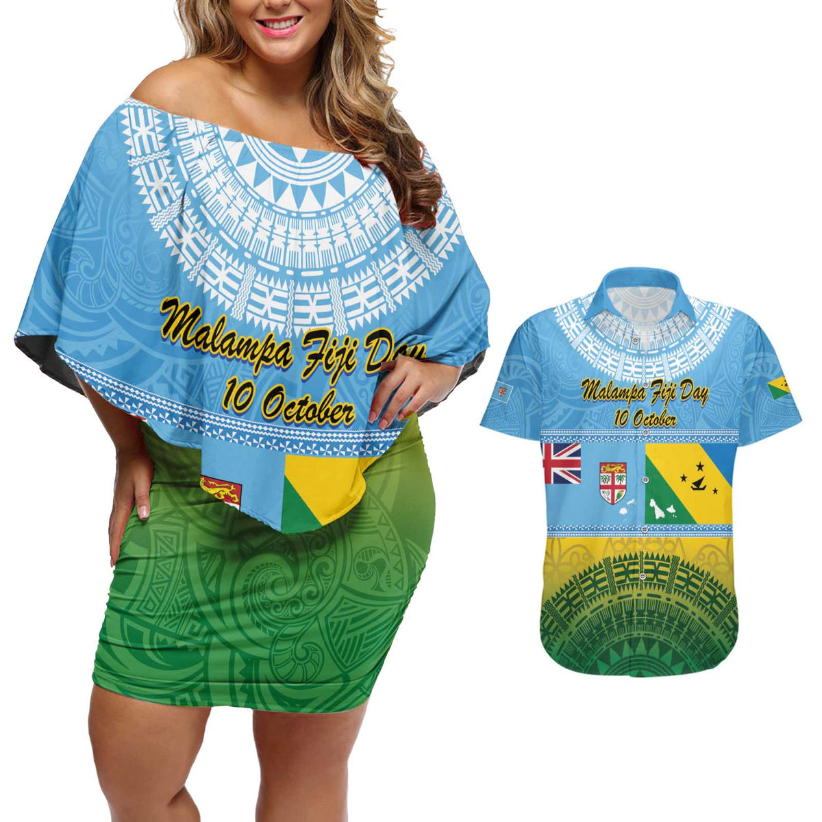 Personalised Malampa Fiji Day Couples Matching Off Shoulder Short Dress and Hawaiian Shirt 10 October Fijian Tapa Flag Style LT14 Blue - Polynesian Pride