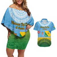 Personalised Malampa Fiji Day Couples Matching Off Shoulder Short Dress and Hawaiian Shirt 10 October Fijian Tapa Flag Style LT14 Blue - Polynesian Pride