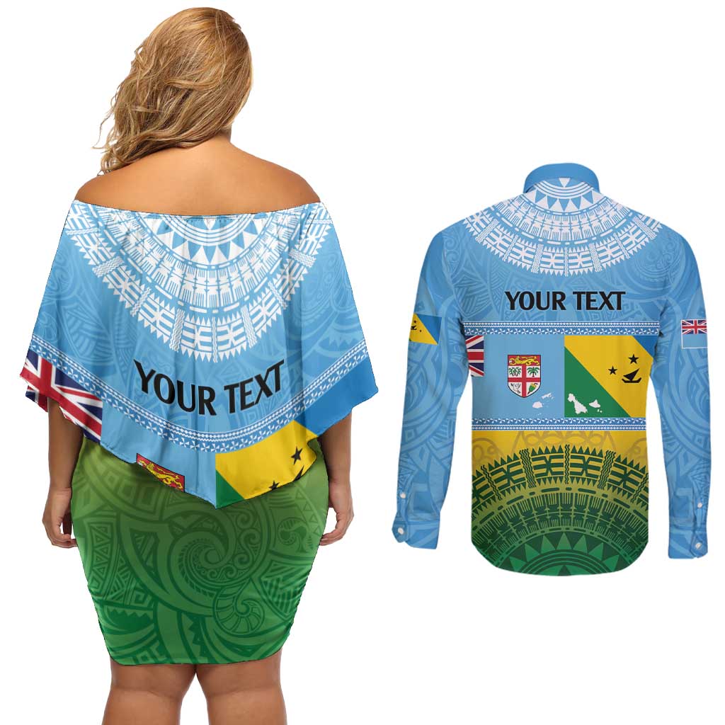Personalised Malampa Fiji Day Couples Matching Off Shoulder Short Dress and Long Sleeve Button Shirt 10 October Fijian Tapa Flag Style LT14 - Polynesian Pride