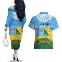 Personalised Malampa Fiji Day Couples Matching Off The Shoulder Long Sleeve Dress and Hawaiian Shirt 10 October Fijian Tapa Flag Style LT14 - Polynesian Pride
