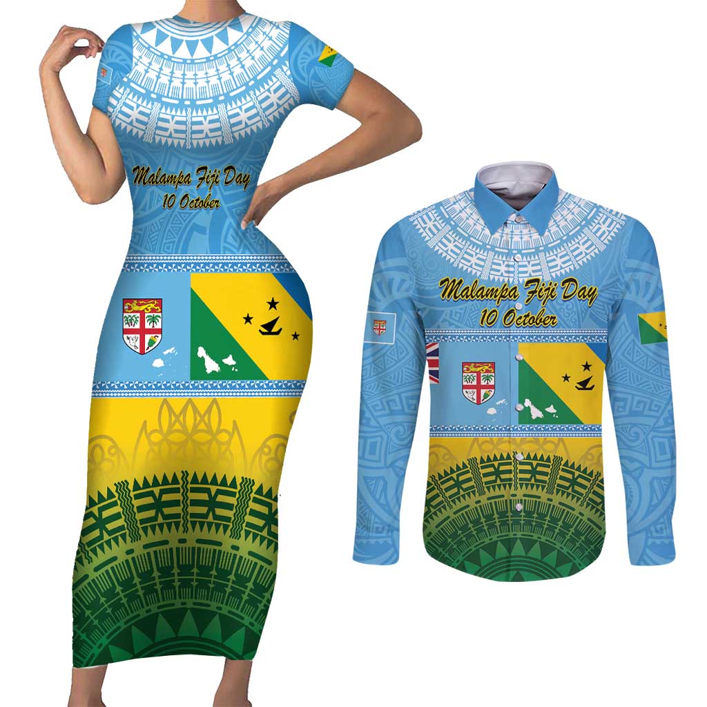 Personalised Malampa Fiji Day Couples Matching Short Sleeve Bodycon Dress and Long Sleeve Button Shirt 10 October Fijian Tapa Flag Style LT14 Blue - Polynesian Pride