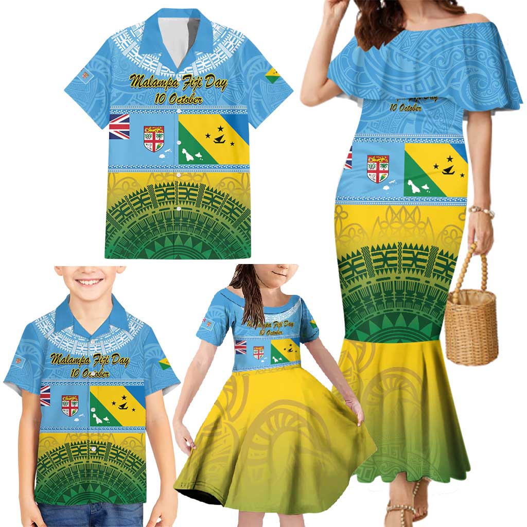 Personalised Malampa Fiji Day Family Matching Mermaid Dress and Hawaiian Shirt 10 October Fijian Tapa Flag Style LT14 - Polynesian Pride