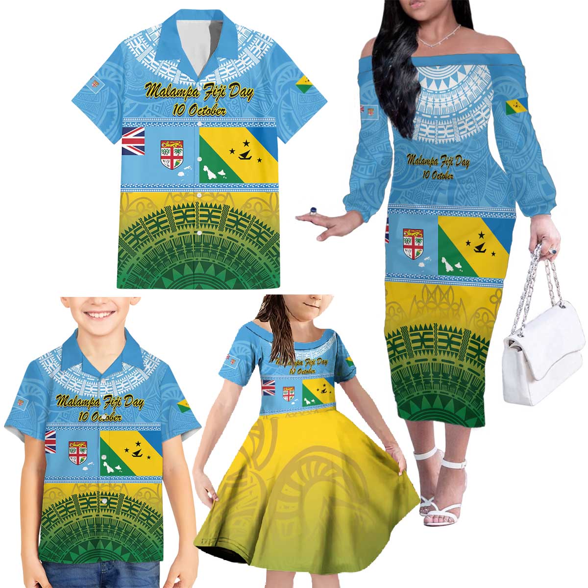 Personalised Malampa Fiji Day Family Matching Off The Shoulder Long Sleeve Dress and Hawaiian Shirt 10 October Fijian Tapa Flag Style LT14 - Polynesian Pride
