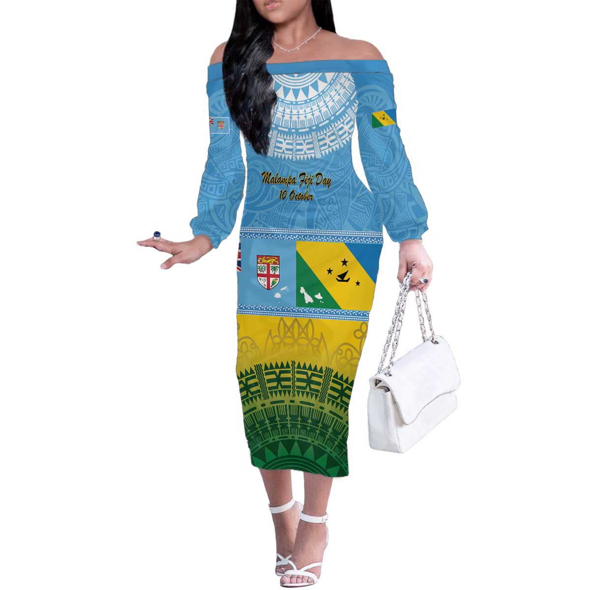 Personalised Malampa Fiji Day Family Matching Off The Shoulder Long Sleeve Dress and Hawaiian Shirt 10 October Fijian Tapa Flag Style LT14 Mom's Dress Blue - Polynesian Pride