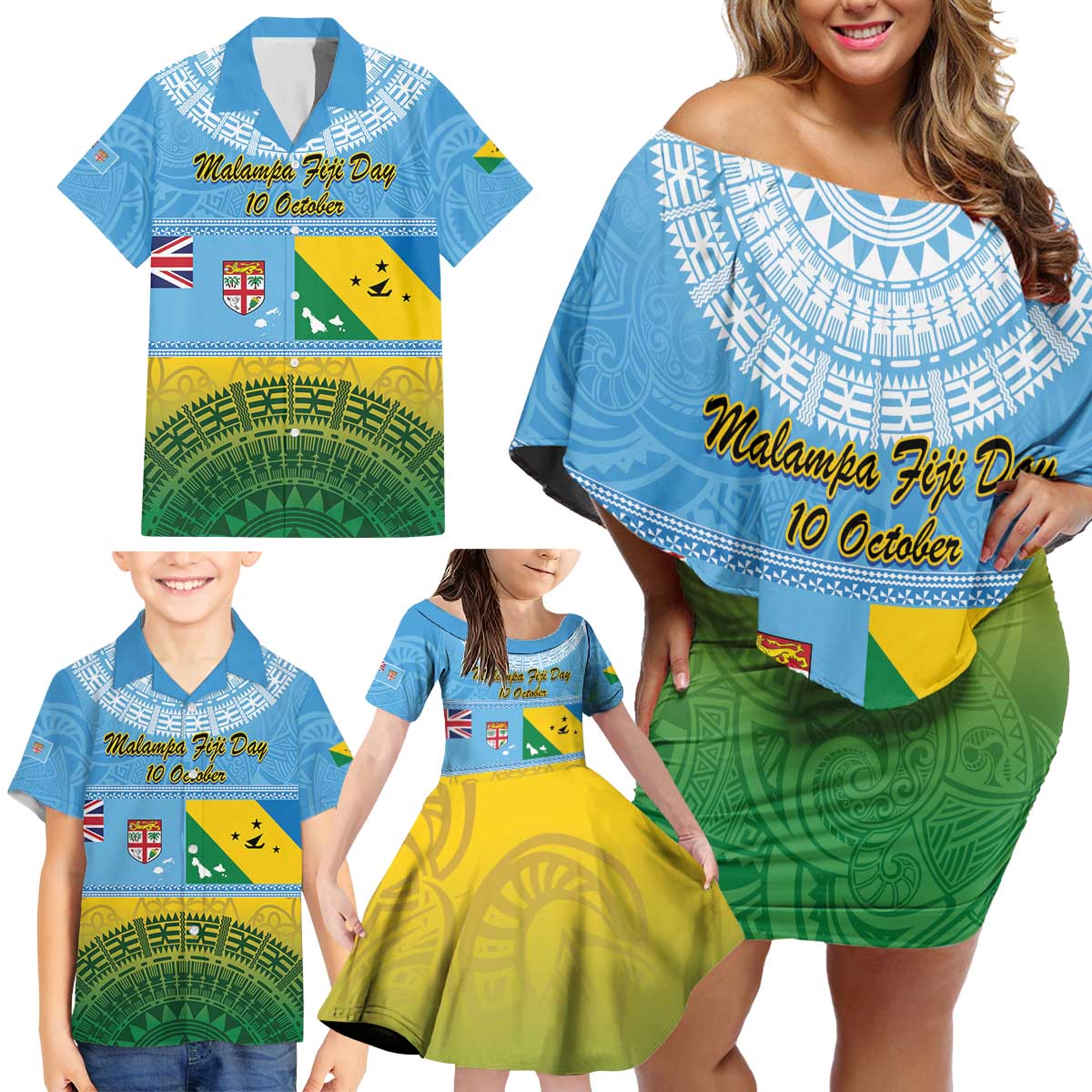 Personalised Malampa Fiji Day Family Matching Off Shoulder Short Dress and Hawaiian Shirt 10 October Fijian Tapa Flag Style LT14 - Polynesian Pride
