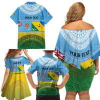 Personalised Malampa Fiji Day Family Matching Off Shoulder Short Dress and Hawaiian Shirt 10 October Fijian Tapa Flag Style LT14 - Polynesian Pride