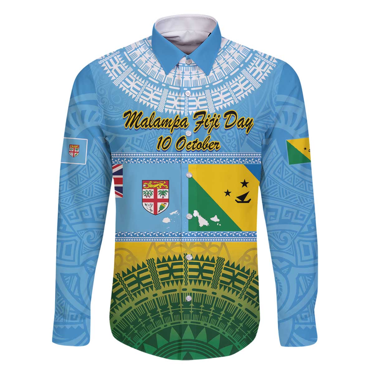 Personalised Malampa Fiji Day Family Matching Off Shoulder Short Dress and Hawaiian Shirt 10 October Fijian Tapa Flag Style LT14 Dad's Shirt - Long Sleeve Blue - Polynesian Pride