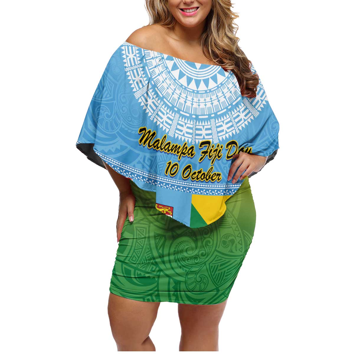 Personalised Malampa Fiji Day Family Matching Off Shoulder Short Dress and Hawaiian Shirt 10 October Fijian Tapa Flag Style LT14 Mom's Dress Blue - Polynesian Pride