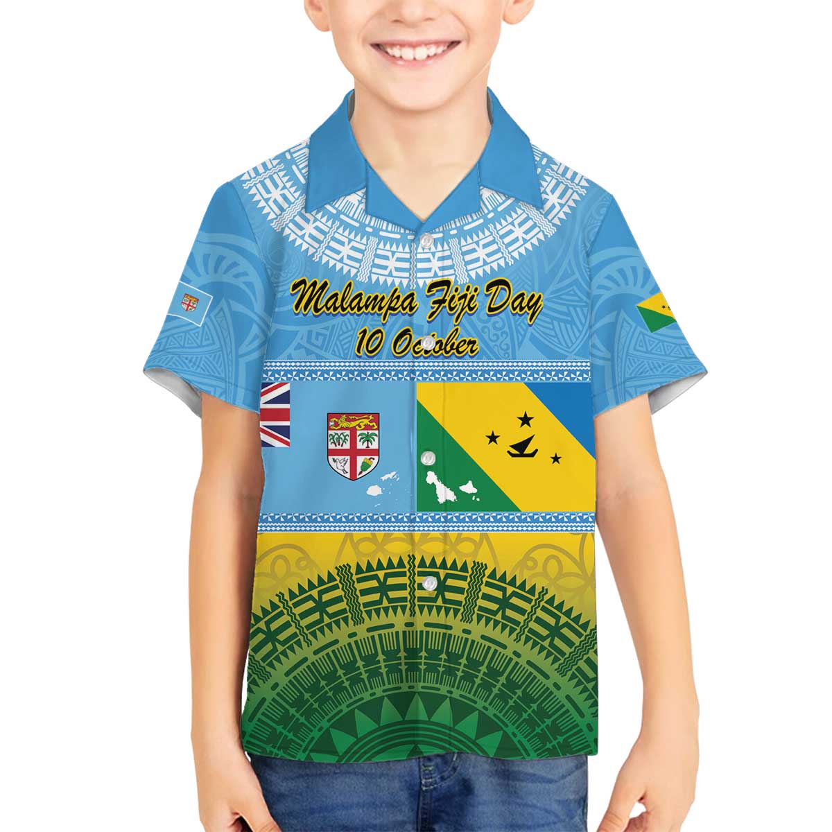 Personalised Malampa Fiji Day Family Matching Off Shoulder Short Dress and Hawaiian Shirt 10 October Fijian Tapa Flag Style LT14 Son's Shirt Blue - Polynesian Pride