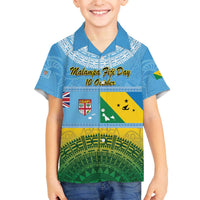 Personalised Malampa Fiji Day Family Matching Off Shoulder Short Dress and Hawaiian Shirt 10 October Fijian Tapa Flag Style LT14 Son's Shirt Blue - Polynesian Pride