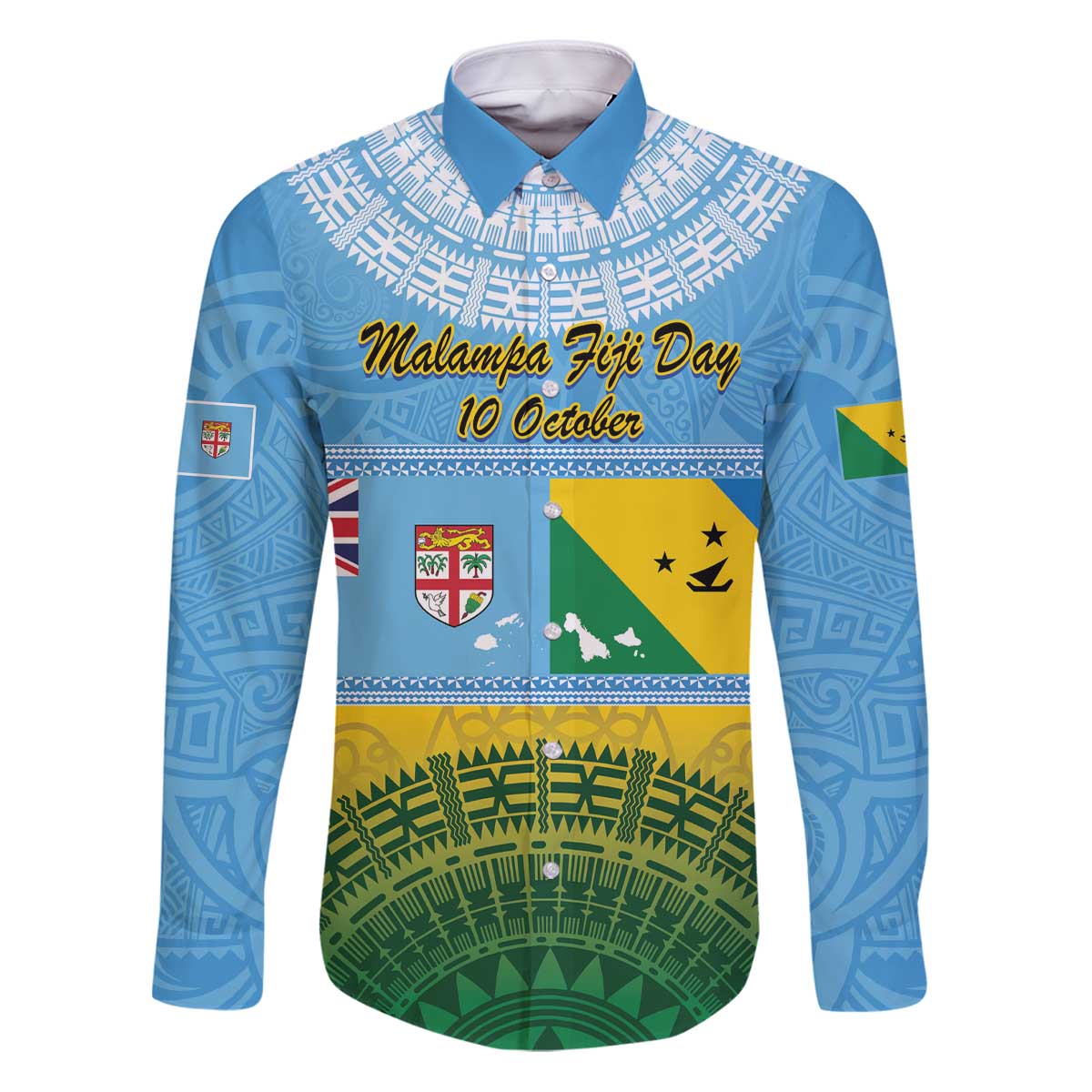 Personalised Malampa Fiji Day Family Matching Puletasi and Hawaiian Shirt 10 October Fijian Tapa Flag Style LT14 Dad's Shirt - Long Sleeve Blue - Polynesian Pride