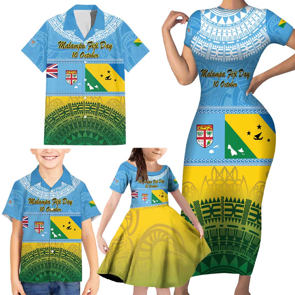 Personalised Malampa Fiji Day Family Matching Short Sleeve Bodycon Dress and Hawaiian Shirt 10 October Fijian Tapa Flag Style LT14 - Polynesian Pride