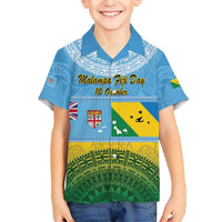 Personalised Malampa Fiji Day Family Matching Short Sleeve Bodycon Dress and Hawaiian Shirt 10 October Fijian Tapa Flag Style LT14 Son's Shirt Blue - Polynesian Pride