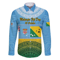 Personalised Malampa Fiji Day Family Matching Summer Maxi Dress and Hawaiian Shirt 10 October Fijian Tapa Flag Style LT14 Dad's Shirt - Long Sleeve Blue - Polynesian Pride