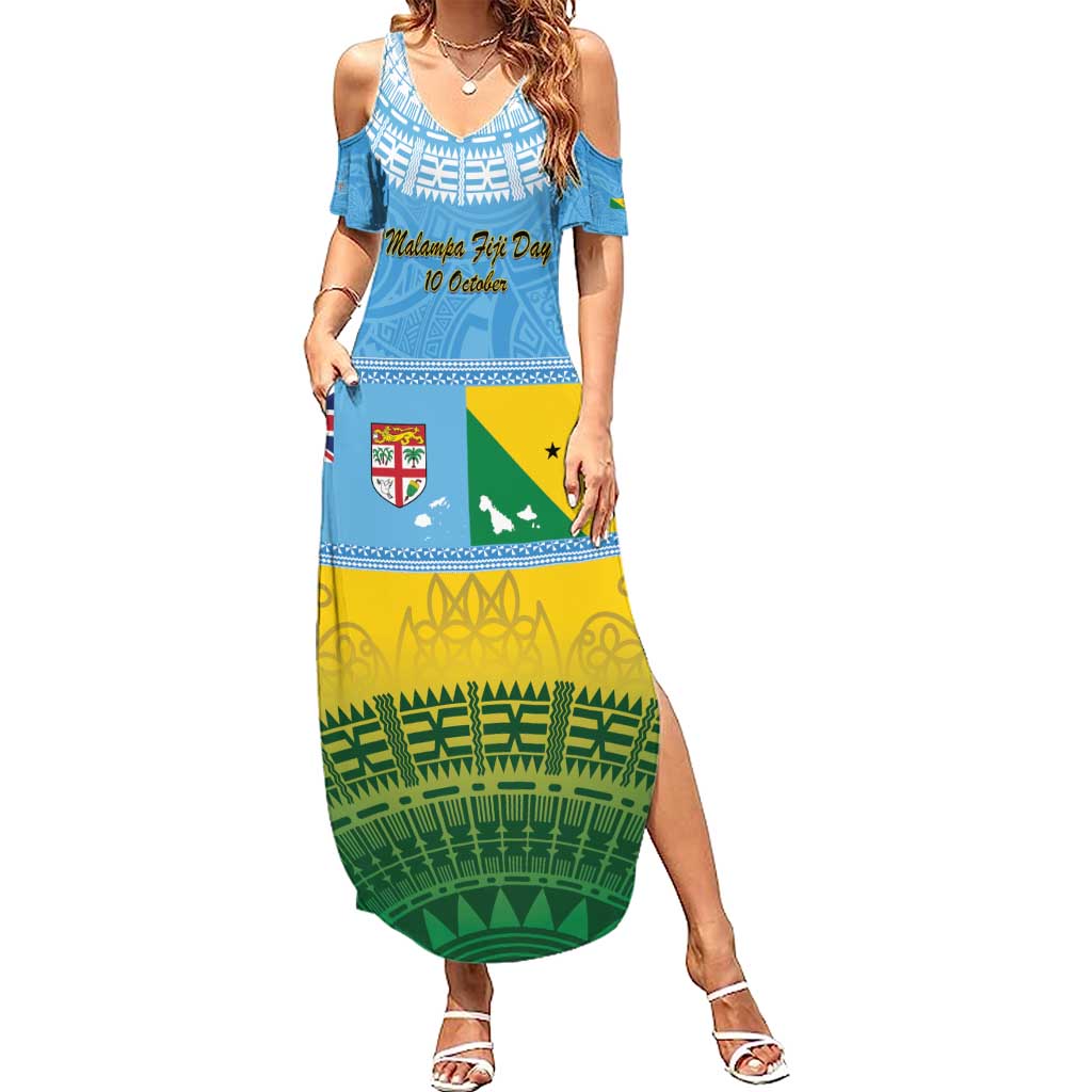 Personalised Malampa Fiji Day Family Matching Summer Maxi Dress and Hawaiian Shirt 10 October Fijian Tapa Flag Style LT14 Mom's Dress Blue - Polynesian Pride
