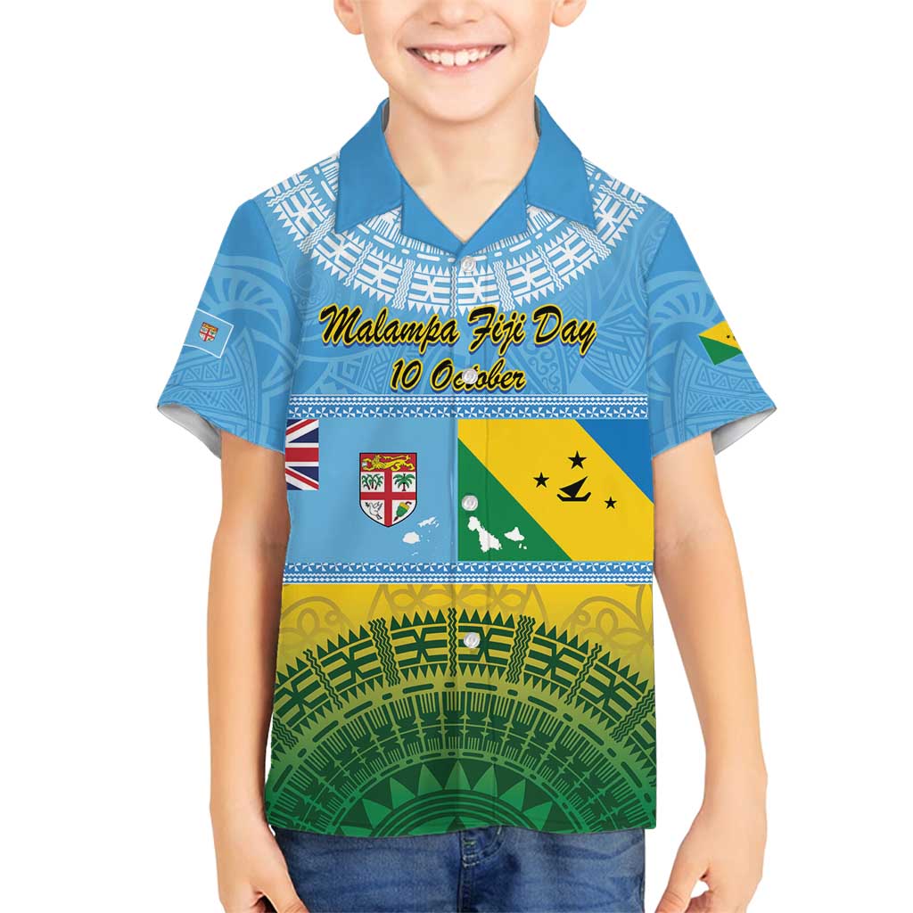 Personalised Malampa Fiji Day Family Matching Summer Maxi Dress and Hawaiian Shirt 10 October Fijian Tapa Flag Style LT14 Son's Shirt Blue - Polynesian Pride