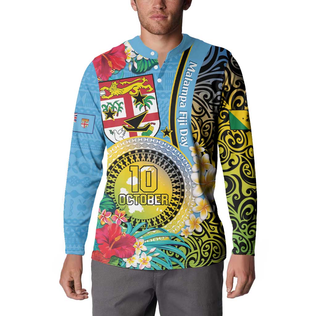 Vanuatu Malampa Fiji Day Button Sweatshirt Happy 10 October With Maps Tropical Flowers
