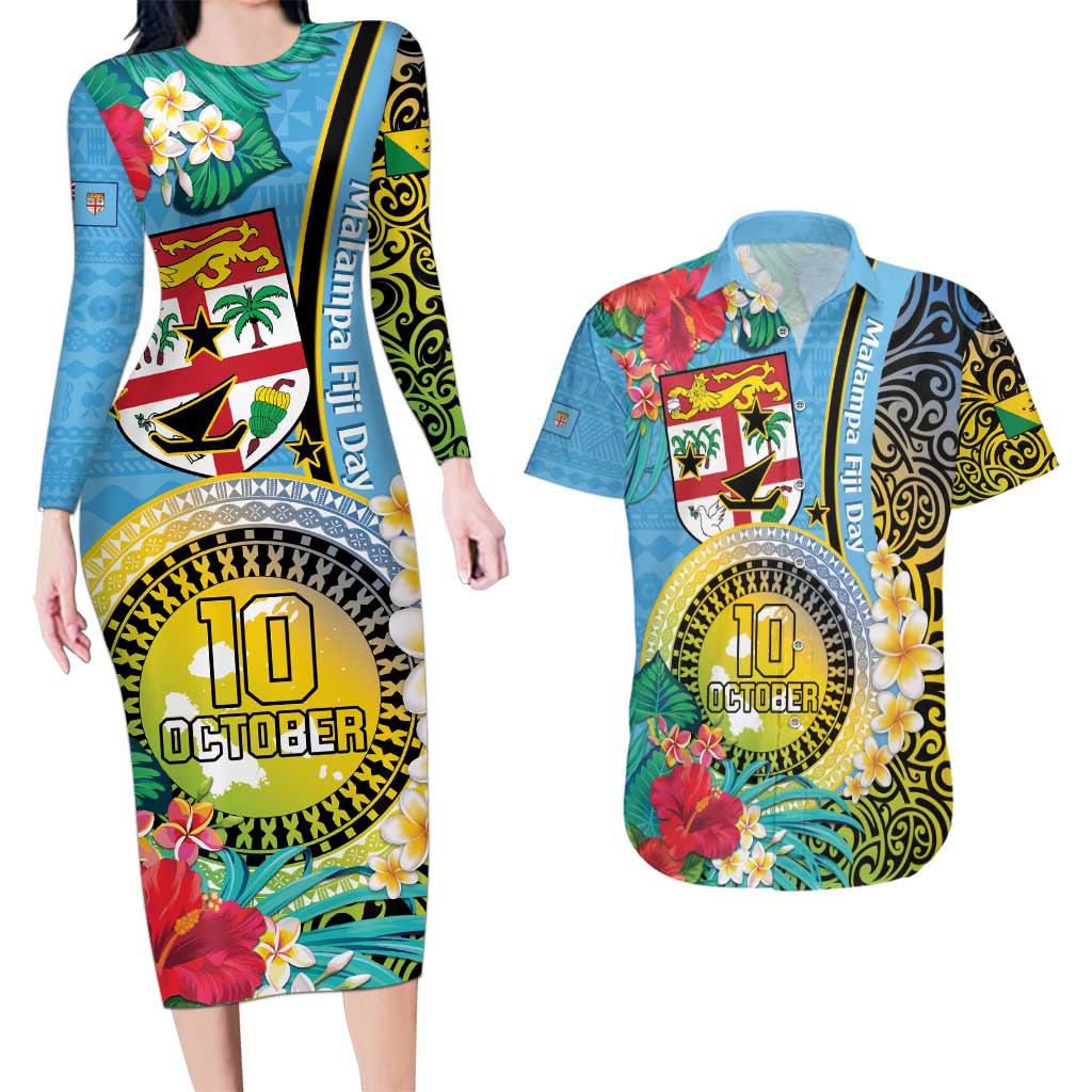 Vanuatu Malampa Fiji Day Couples Matching Long Sleeve Bodycon Dress and Hawaiian Shirt Happy 10 October With Maps Tropical Flowers LT14 Blue - Polynesian Pride