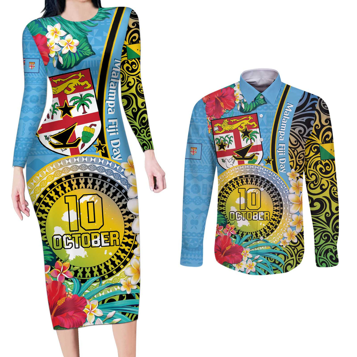 Vanuatu Malampa Fiji Day Couples Matching Long Sleeve Bodycon Dress and Long Sleeve Button Shirt Happy 10 October With Maps Tropical Flowers LT14 Blue - Polynesian Pride