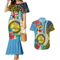 Vanuatu Malampa Fiji Day Couples Matching Mermaid Dress and Hawaiian Shirt Happy 10 October With Maps Tropical Flowers LT14 Blue - Polynesian Pride