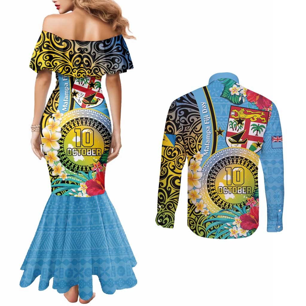 Vanuatu Malampa Fiji Day Couples Matching Mermaid Dress and Long Sleeve Button Shirt Happy 10 October With Maps Tropical Flowers LT14 - Polynesian Pride