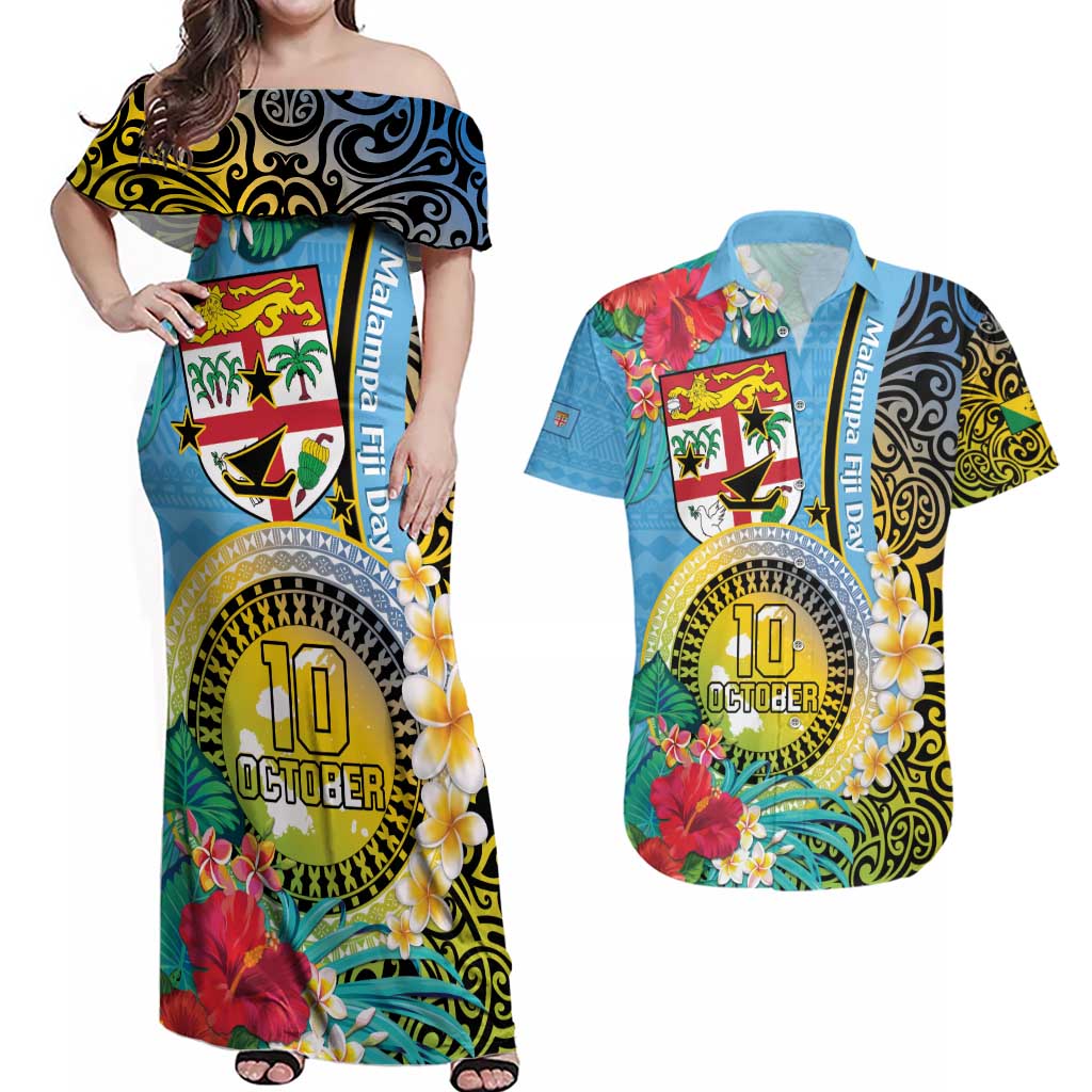 Vanuatu Malampa Fiji Day Couples Matching Off Shoulder Maxi Dress and Hawaiian Shirt Happy 10 October With Maps Tropical Flowers LT14 Blue - Polynesian Pride