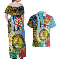 Vanuatu Malampa Fiji Day Couples Matching Off Shoulder Maxi Dress and Hawaiian Shirt Happy 10 October With Maps Tropical Flowers LT14 - Polynesian Pride