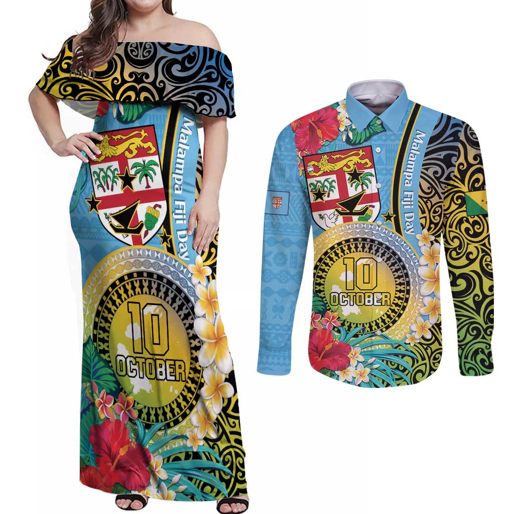 Vanuatu Malampa Fiji Day Couples Matching Off Shoulder Maxi Dress and Long Sleeve Button Shirt Happy 10 October With Maps Tropical Flowers LT14 Blue - Polynesian Pride