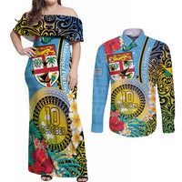 Vanuatu Malampa Fiji Day Couples Matching Off Shoulder Maxi Dress and Long Sleeve Button Shirt Happy 10 October With Maps Tropical Flowers LT14 Blue - Polynesian Pride