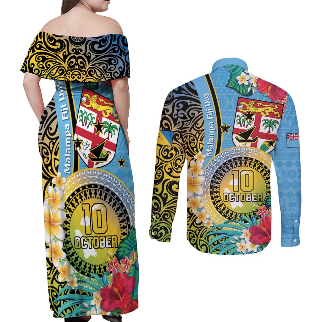 Vanuatu Malampa Fiji Day Couples Matching Off Shoulder Maxi Dress and Long Sleeve Button Shirt Happy 10 October With Maps Tropical Flowers LT14 - Polynesian Pride