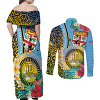 Vanuatu Malampa Fiji Day Couples Matching Off Shoulder Maxi Dress and Long Sleeve Button Shirt Happy 10 October With Maps Tropical Flowers LT14 - Polynesian Pride
