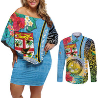 Vanuatu Malampa Fiji Day Couples Matching Off Shoulder Short Dress and Long Sleeve Button Shirt Happy 10 October With Maps Tropical Flowers LT14 Blue - Polynesian Pride