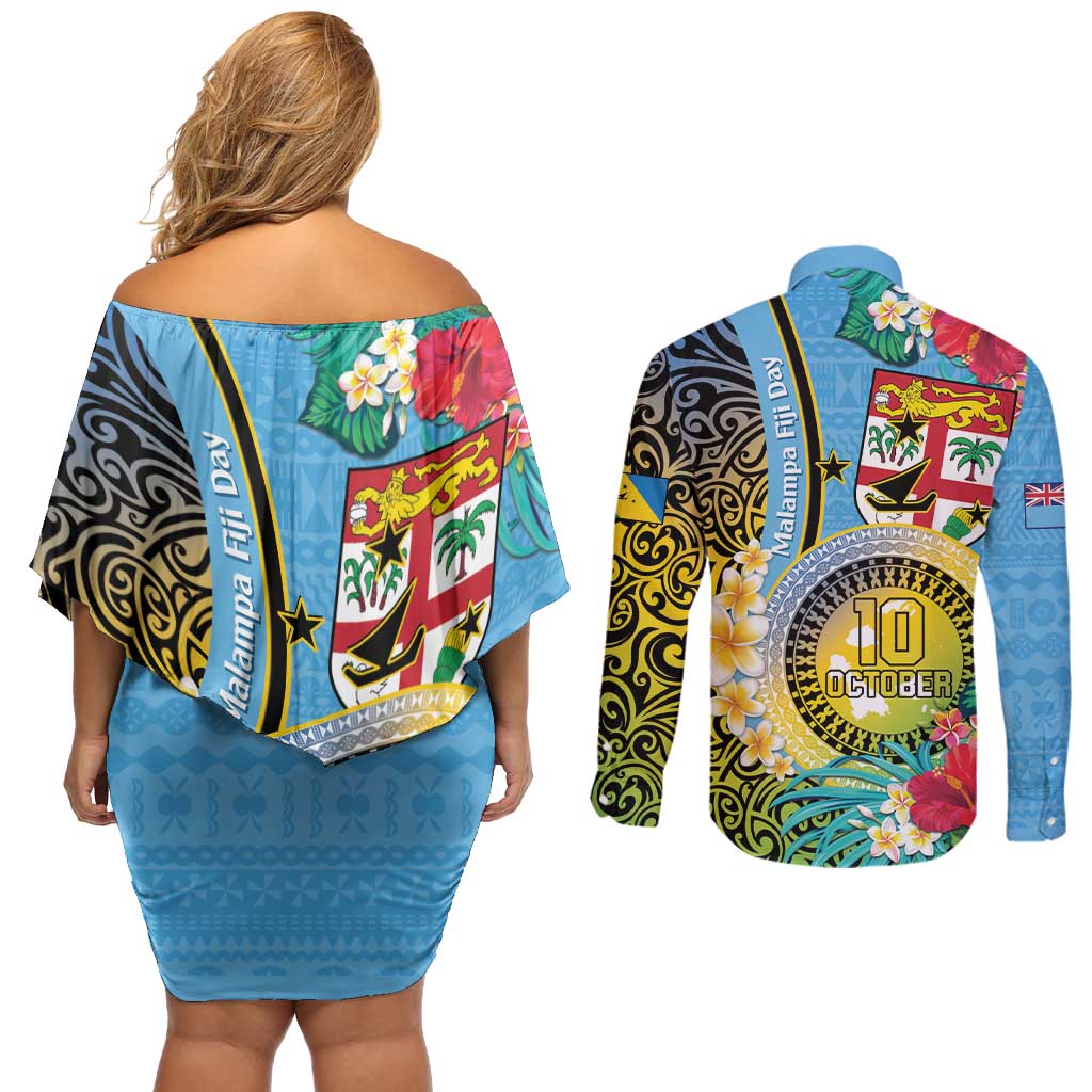 Vanuatu Malampa Fiji Day Couples Matching Off Shoulder Short Dress and Long Sleeve Button Shirt Happy 10 October With Maps Tropical Flowers LT14 - Polynesian Pride