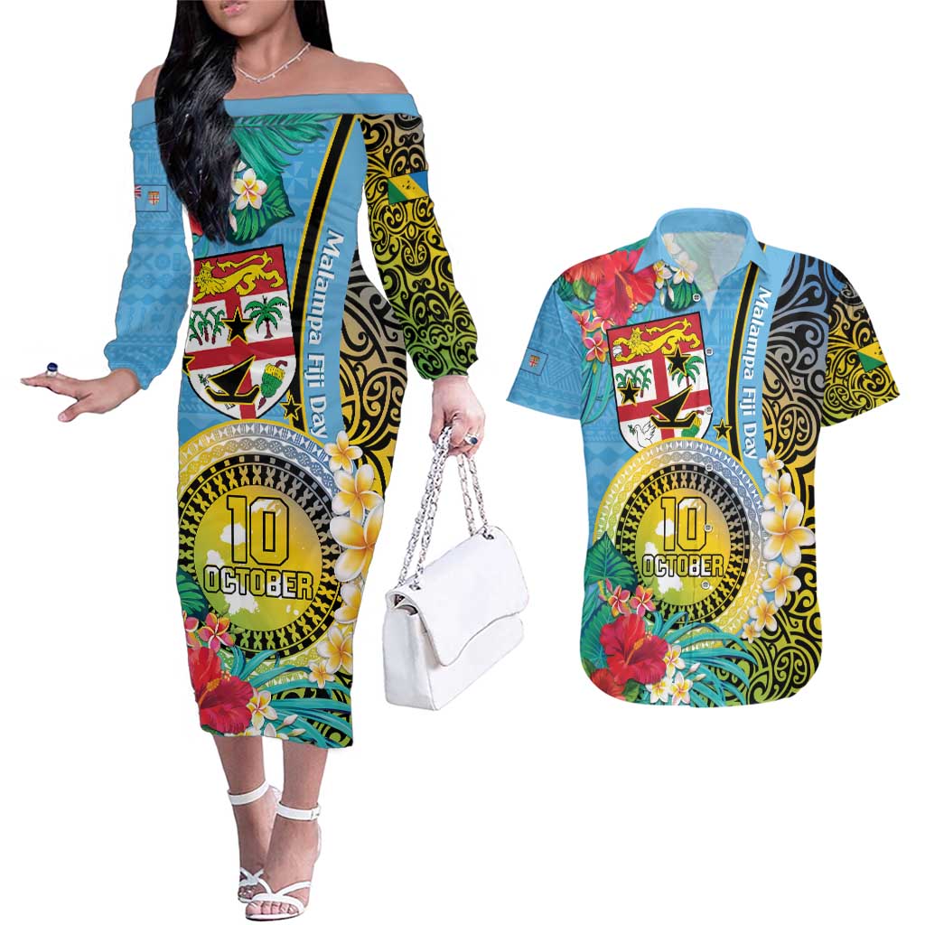 Vanuatu Malampa Fiji Day Couples Matching Off The Shoulder Long Sleeve Dress and Hawaiian Shirt Happy 10 October With Maps Tropical Flowers LT14 Blue - Polynesian Pride