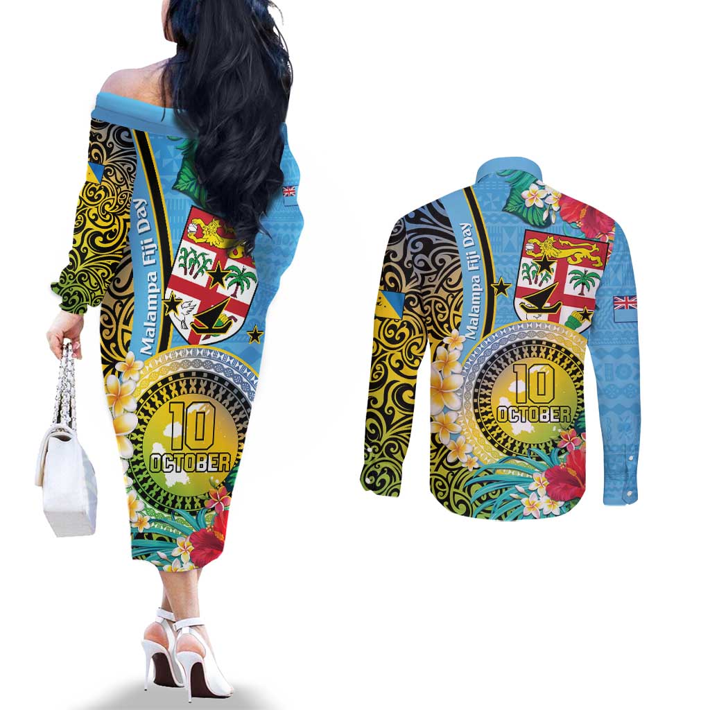 Vanuatu Malampa Fiji Day Couples Matching Off The Shoulder Long Sleeve Dress and Long Sleeve Button Shirt Happy 10 October With Maps Tropical Flowers LT14 - Polynesian Pride