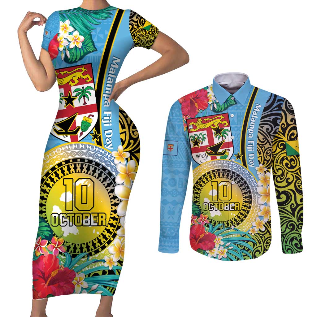 Vanuatu Malampa Fiji Day Couples Matching Short Sleeve Bodycon Dress and Long Sleeve Button Shirt Happy 10 October With Maps Tropical Flowers LT14 Blue - Polynesian Pride