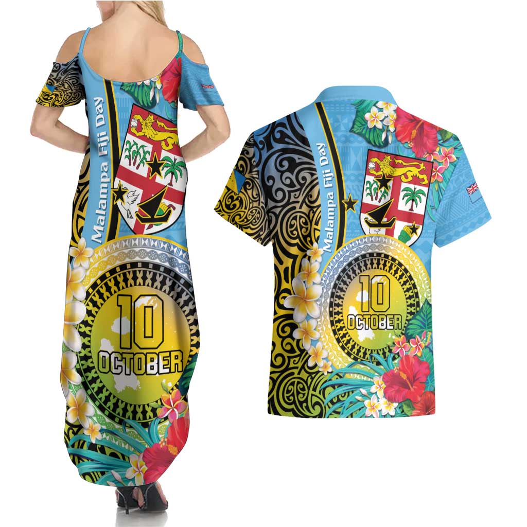 Vanuatu Malampa Fiji Day Couples Matching Summer Maxi Dress and Hawaiian Shirt Happy 10 October With Maps Tropical Flowers LT14 - Polynesian Pride