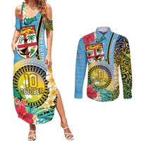 Vanuatu Malampa Fiji Day Couples Matching Summer Maxi Dress and Long Sleeve Button Shirt Happy 10 October With Maps Tropical Flowers LT14 Blue - Polynesian Pride