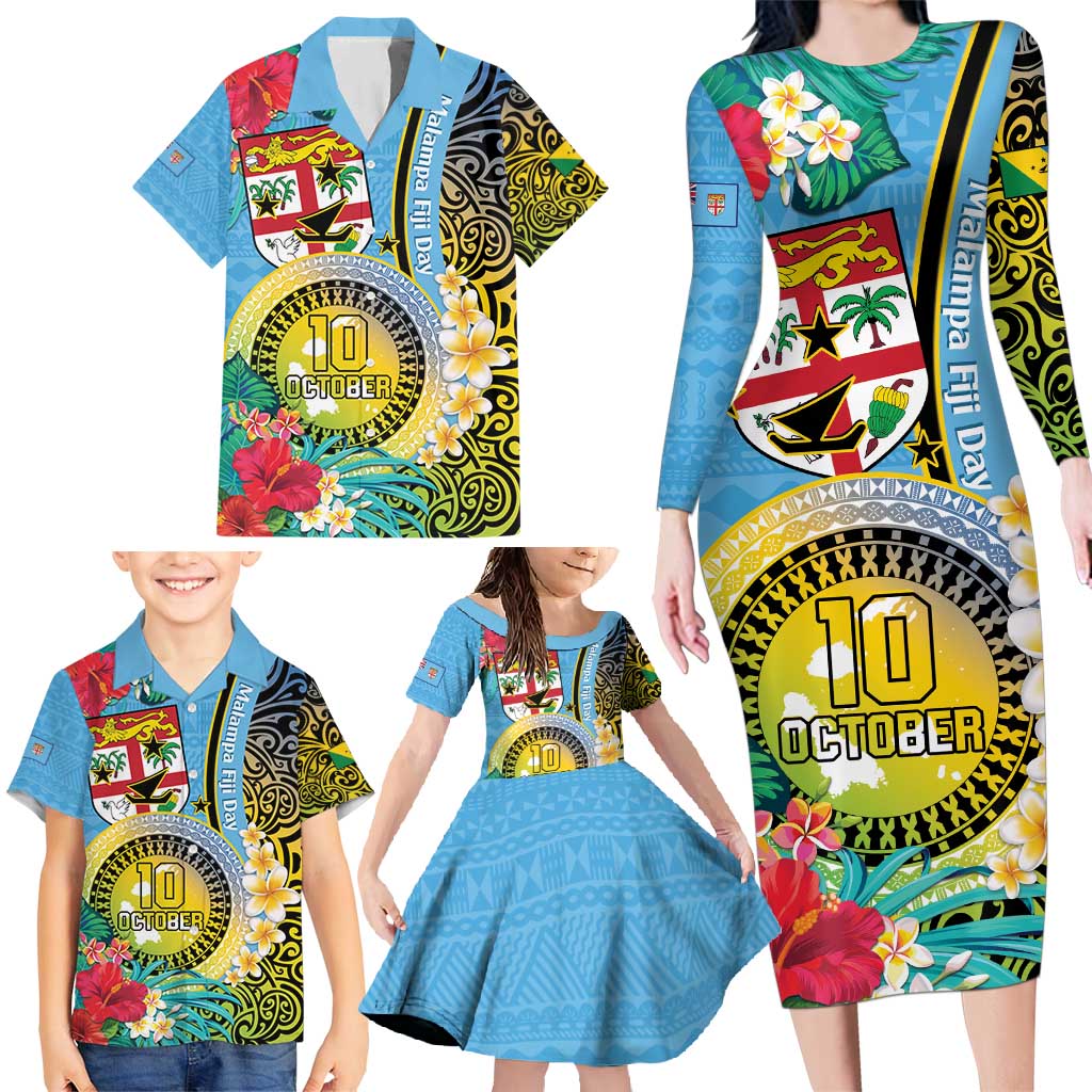Vanuatu Malampa Fiji Day Family Matching Long Sleeve Bodycon Dress and Hawaiian Shirt Happy 10 October With Maps Tropical Flowers LT14 - Polynesian Pride