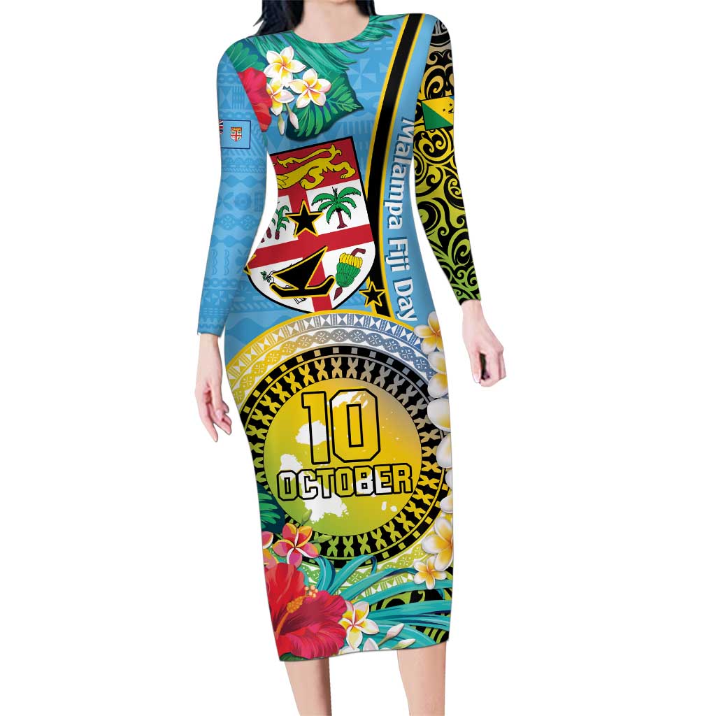 Vanuatu Malampa Fiji Day Family Matching Long Sleeve Bodycon Dress and Hawaiian Shirt Happy 10 October With Maps Tropical Flowers LT14 Mom's Dress Blue - Polynesian Pride