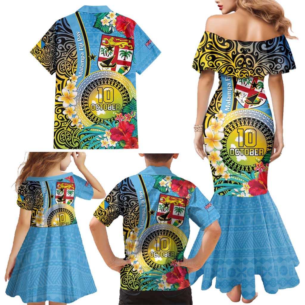 Vanuatu Malampa Fiji Day Family Matching Mermaid Dress and Hawaiian Shirt Happy 10 October With Maps Tropical Flowers LT14 - Polynesian Pride