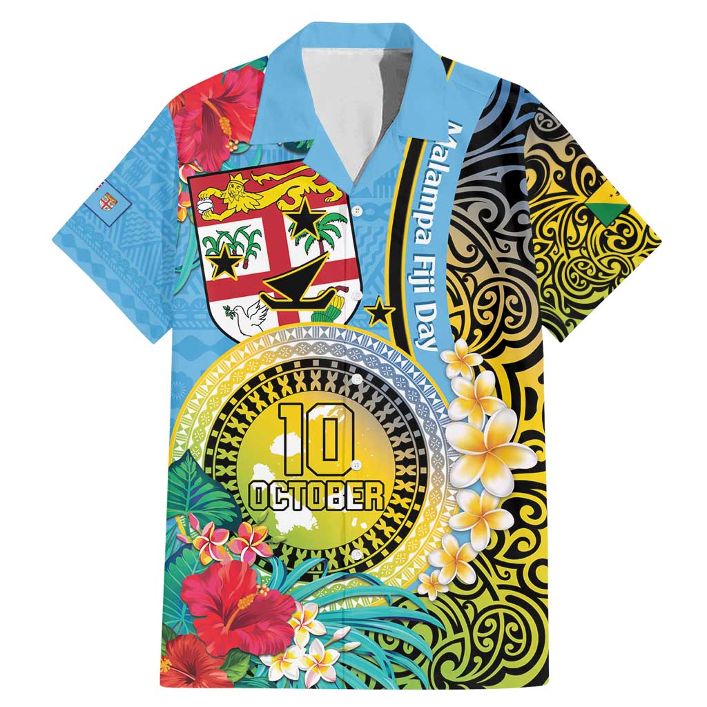 Vanuatu Malampa Fiji Day Family Matching Mermaid Dress and Hawaiian Shirt Happy 10 October With Maps Tropical Flowers LT14 Dad's Shirt - Short Sleeve Blue - Polynesian Pride
