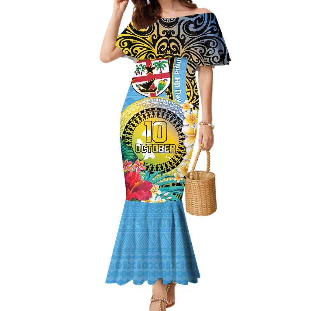 Vanuatu Malampa Fiji Day Family Matching Mermaid Dress and Hawaiian Shirt Happy 10 October With Maps Tropical Flowers LT14 Mom's Dress Blue - Polynesian Pride