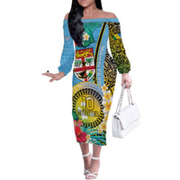 Vanuatu Malampa Fiji Day Family Matching Off The Shoulder Long Sleeve Dress and Hawaiian Shirt Happy 10 October With Maps Tropical Flowers LT14 Mom's Dress Blue - Polynesian Pride