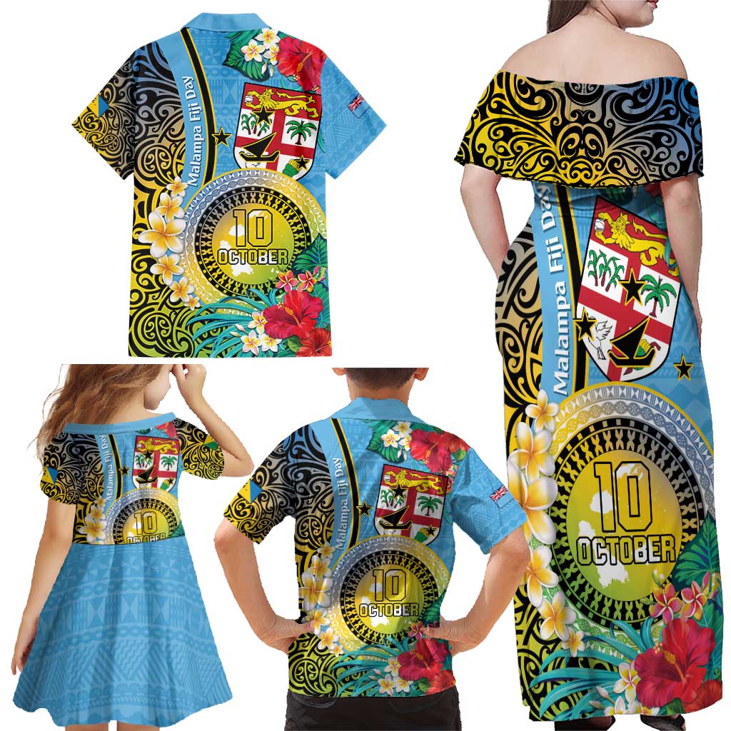 Vanuatu Malampa Fiji Day Family Matching Off Shoulder Maxi Dress and Hawaiian Shirt Happy 10 October With Maps Tropical Flowers LT14 - Polynesian Pride